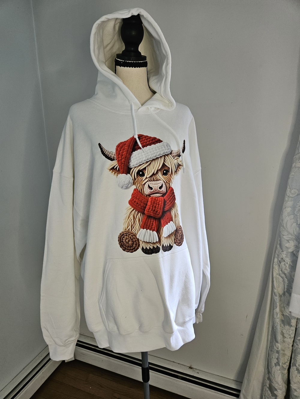 Gildan White Hoodie with Highland Cow in Red Hat and Scarf. #christmas#santa